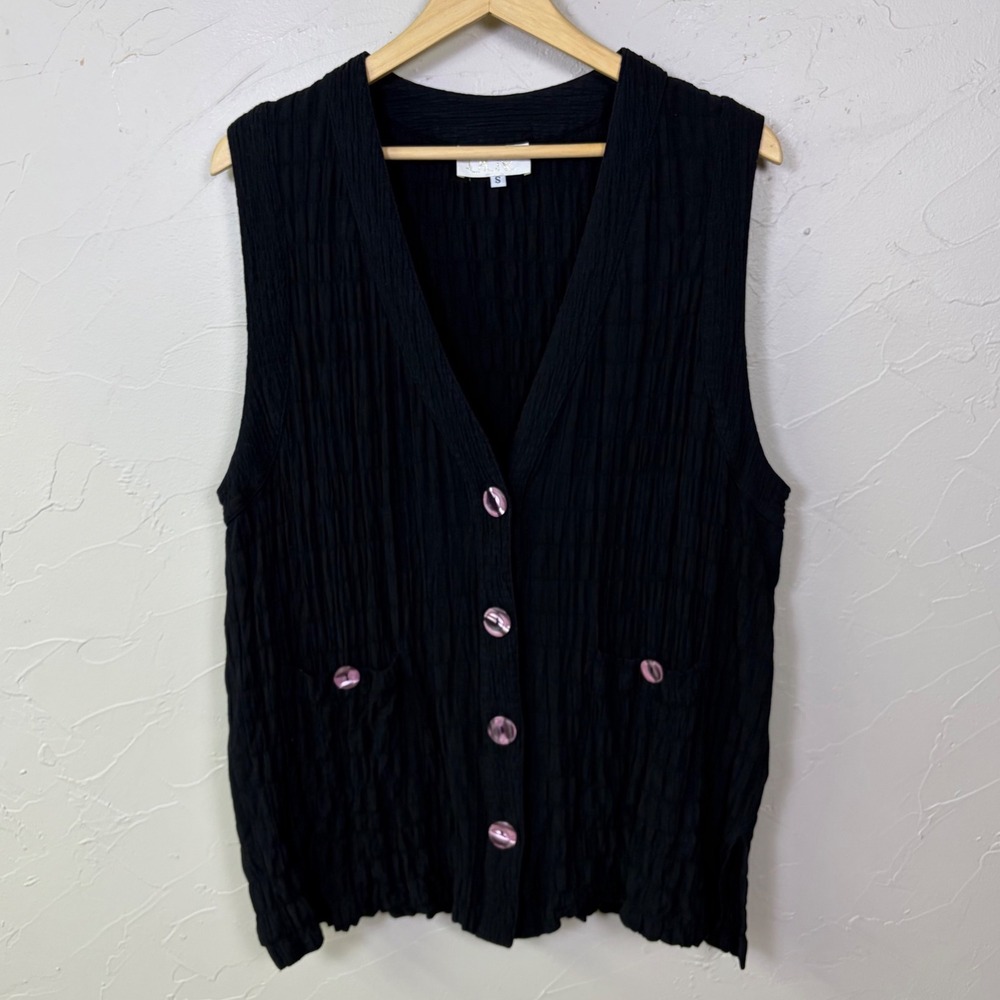 Vintage Cache Crinkle Vest Women S Black Textured Lagenlook Art Teacher
